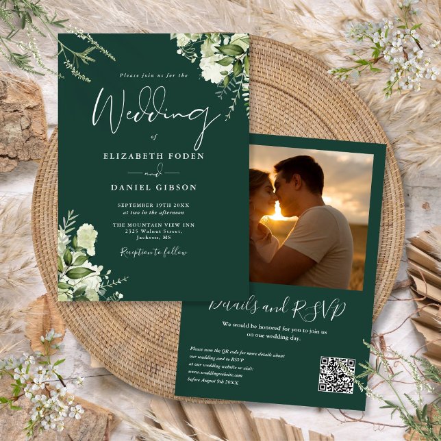 Invitación Código QR de Vegetación Foto Boda Verde Esmeralda (Greenery QR Code Photo Emerald Green Wedding Invitation)