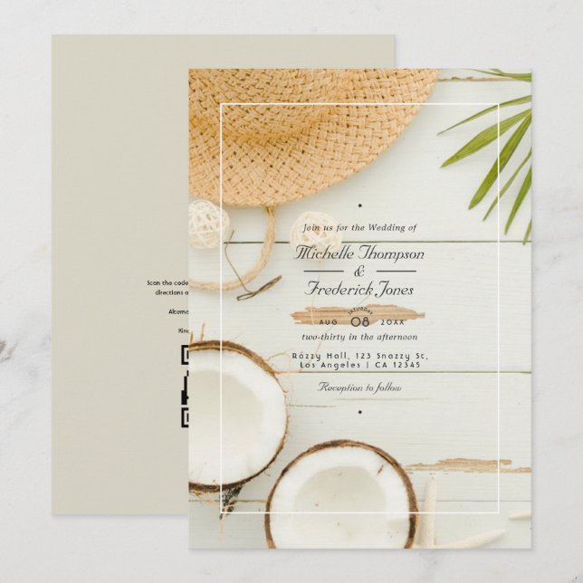 Invitación Código QR de verano rústico RSVP Boda de playa (Anverso / Reverso)