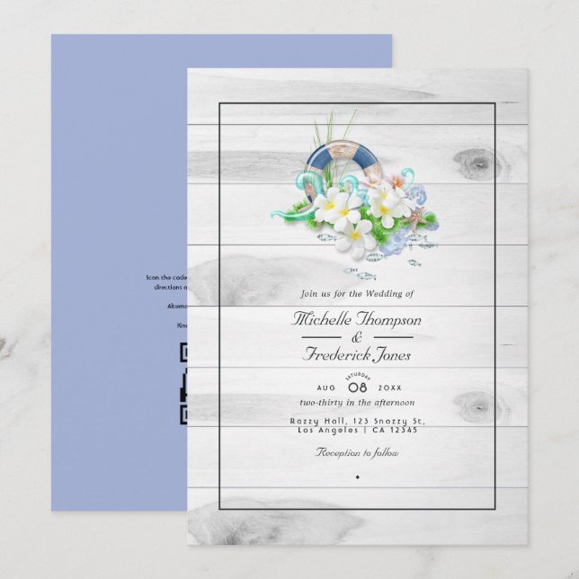Invitación Código QR de verano rústico RSVP Boda de playa (Anverso / Reverso)