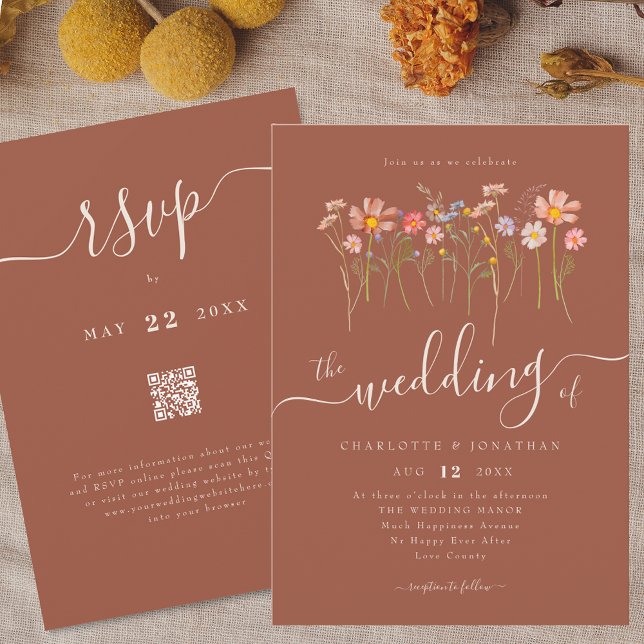 Invitación Código QR de Wildflower Meadow Floral Terracotta B (Wildflower meadow boho chic floral terracotta beige fall Wedding qr code invitation Elegant script )