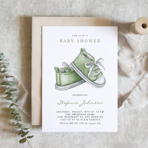 Invitación Código QR de zapatitos de bebé en acuarela verde p