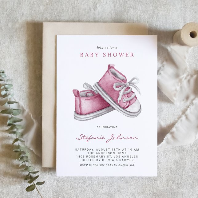 Invitación Código QR de Zapatitos de Bebé Rosa Acuarela para  (Pink baby booties and a QR code make this baby shower invitation sweet and convenient.)