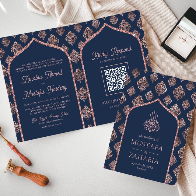 Invitación Código QR del Arco Damask de Oro Rosa de la Marina (Subido por el creador)