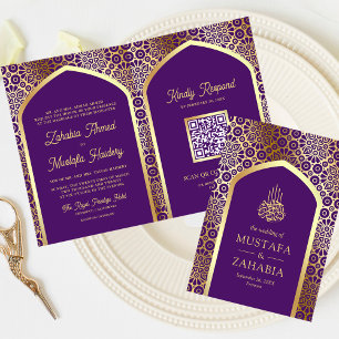 Invitación Código QR del Arco Persa Púrpura Real Boda Musulma