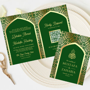 Invitación Código QR del Arco Persa Verde Dorado Boda Musulma