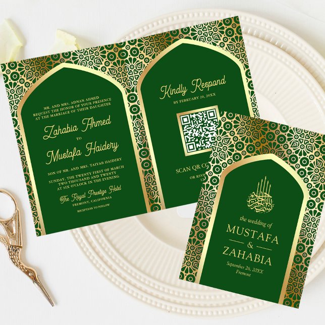 Invitación Código QR del Arco Persa Verde Dorado Boda Musulma (Subido por el creador)
