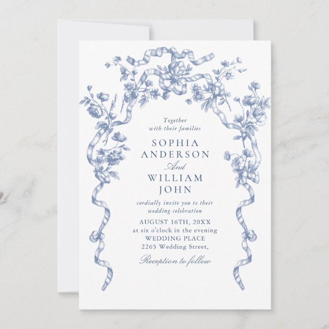 Invitación código QR del Boda azul oxidado y floral victorian (Anverso)