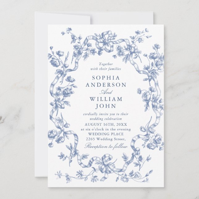 Invitación código QR del Boda azul oxidado y floral victorian (Anverso)