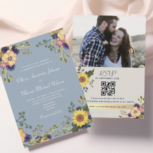 Invitación Código QR del Boda azul turbio de girasol