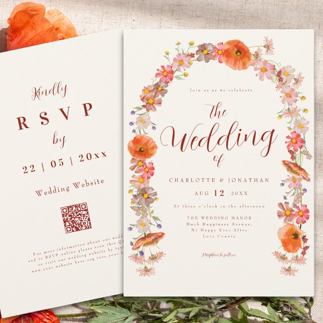 Invitación Código QR del Boda Boho Wildflower (Elegant boho wildflower arch wedding qr code invitation )