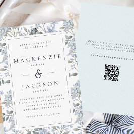 Invitación Código QR del Boda de acuarela de las hidráneas az