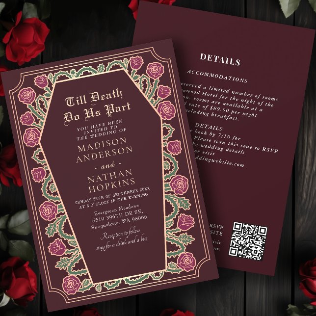 Invitación Código QR del Boda de ataúd gótico y dorado Rosa (Subido por el creador)