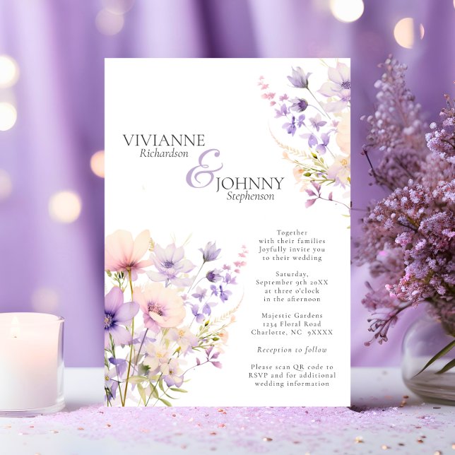 Invitación Código QR del Boda de Lavender de flores silvestre (Garden Wildflowers Lavender Wedding QR code Invitation)