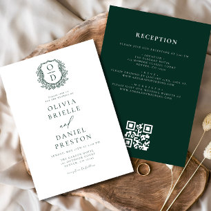 Invitación Código QR del Boda de monograma floral verde esmer