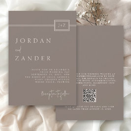 Invitación Código QR del Boda de monograma Minimalista Taupe 
