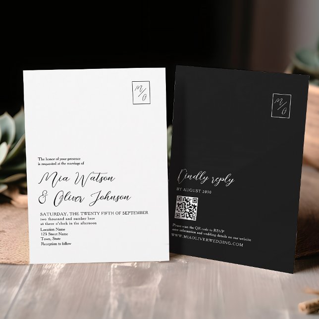 Invitación Código QR del Boda de monograma mínimo en blanco y (Subido por el creador)
