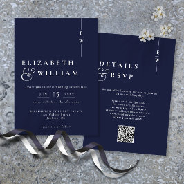 Invitación Código QR del Boda de monograma moderno azul de la