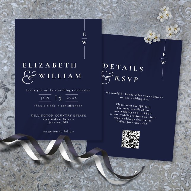Invitación Código QR del Boda de monograma moderno azul de la (Navy Blue Modern Monogram Wedding QR Code Invitation)