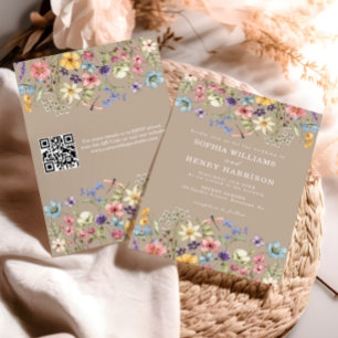 Invitación Código QR del Boda de tazas de flor silvestre rust