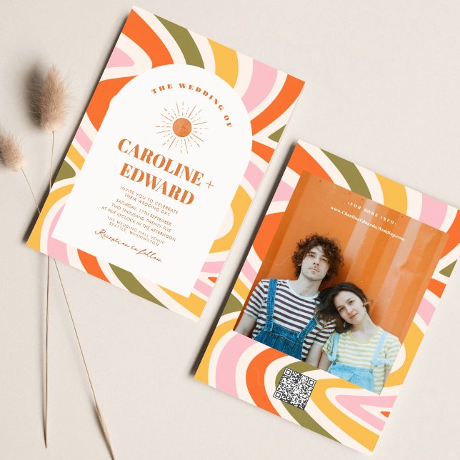 Invitación Código Qr del Boda del Boho de Wavy Groovy retro c (Subido por el creador)