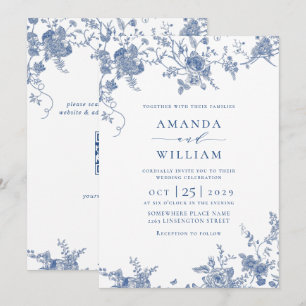 Invitación Código QR del Boda floral azul victoriano francés