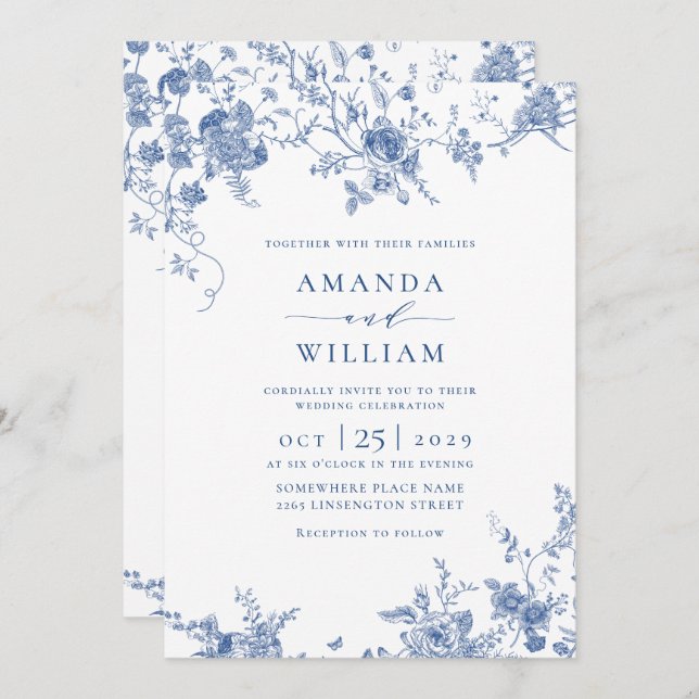 Invitación Código QR del Boda floral azul victoriano francés (Anverso / Reverso)