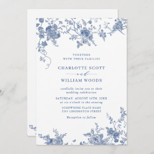 Invitación Código QR del Boda floral azul victoriano francés