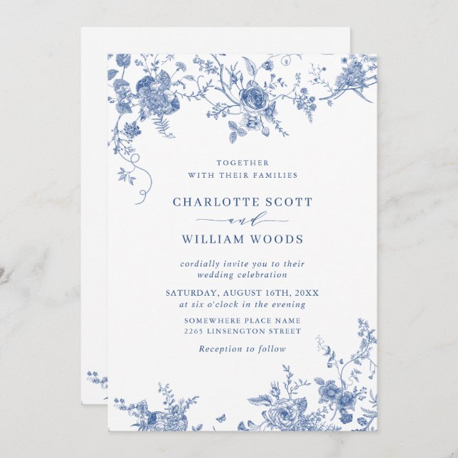 Invitación Código QR del Boda floral azul victoriano francés (Anverso / Reverso)