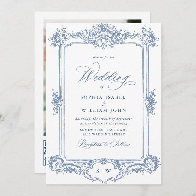 Invitación Código QR del Boda floral Blue Victorian Ornate Gr (Anverso / Reverso)