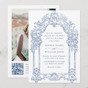 Invitación Código QR del Boda floral Blue Victorian Ornate Gr