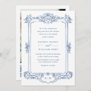 Invitación Código QR del Boda floral Blue Victorian Ornate Gr
