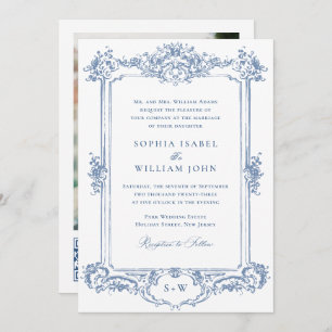 Invitación Código QR del Boda floral Blue Victorian Ornate Gr