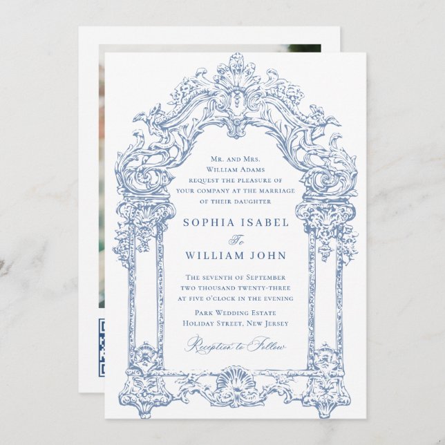 Invitación Código QR del Boda floral Blue Victorian Ornate Gr (Anverso / Reverso)