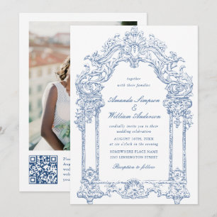 Invitación Código QR del Boda floral Blue Victorian Ornate Gr
