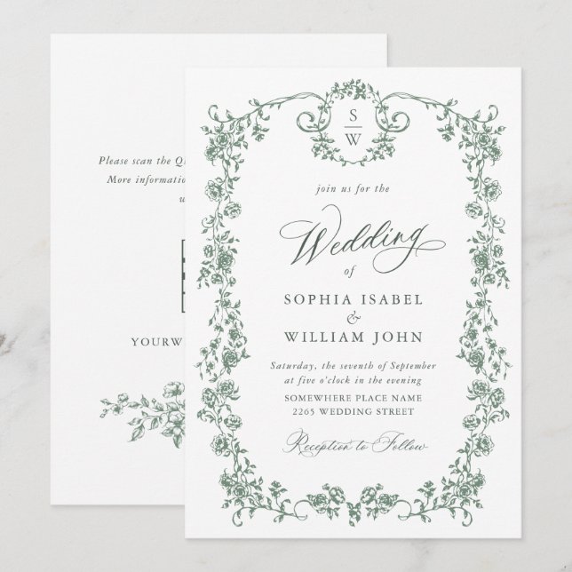 Invitación código QR del Boda floral de Gracia Ornate Victori (Anverso / Reverso)