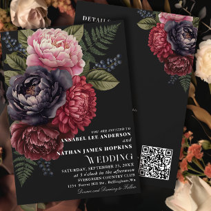Invitación Código QR del Boda floral de peones románticos vin