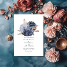 Código QR del Boda floral dorado azul y Rosa en