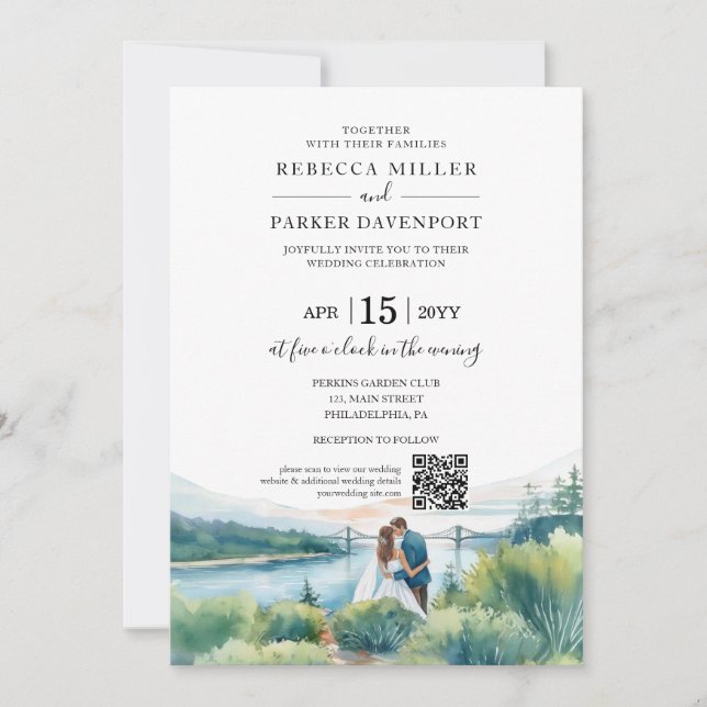 Invitación Código QR del Boda moderno Riverside (Anverso)