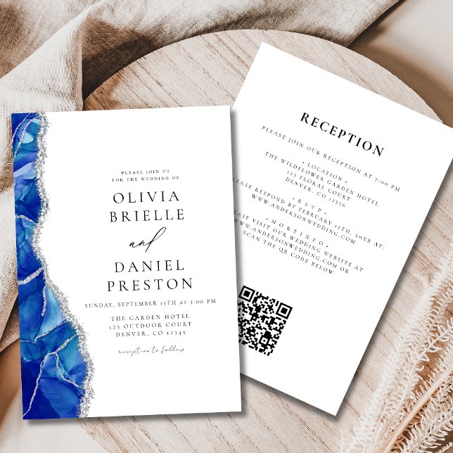 Invitación Código QR del Boda plateado del Agate azul real (Subido por el creador)