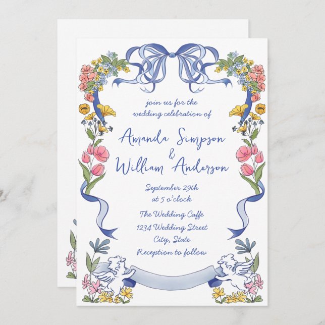 Invitación Código QR del Boda retro con escrúpulos dibujados  (Anverso / Reverso)