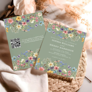 Invitación Código QR del Boda verde de sabio rústico de flor 
