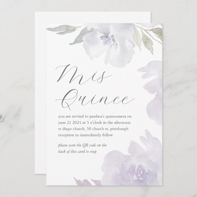 Invitación Código QR del cumpleaños floral de mis quince quin (Anverso / Reverso)