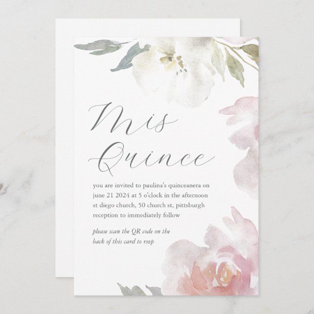 Invitación Código QR del cumpleaños floral de mis quince quin (Anverso / Reverso)