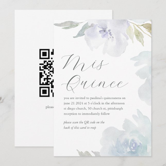 Invitación Código QR del cumpleaños floral de mis quince quin (Anverso / Reverso)