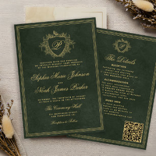 Invitación Código QR del monograma de la cresta boda esmerald