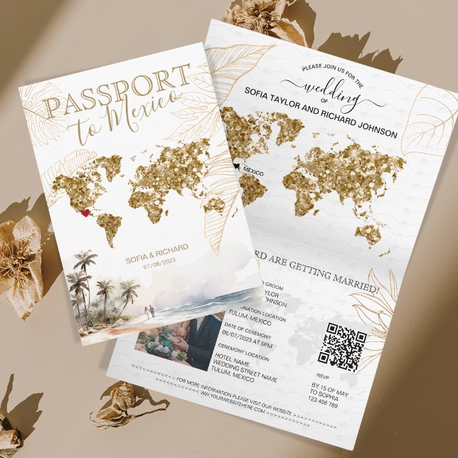 Invitación Código QR del pasaporte de la boda de destino de l (beach golden glitter world map)