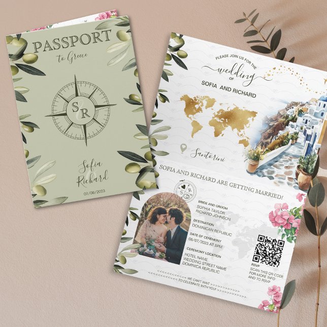 Invitación Código QR del pasaporte de la boda de destino de O (watercolor olive branches greenery passport wedding invitation with compas)