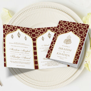 Invitación Código QR del patrón islámico de oro granate para 