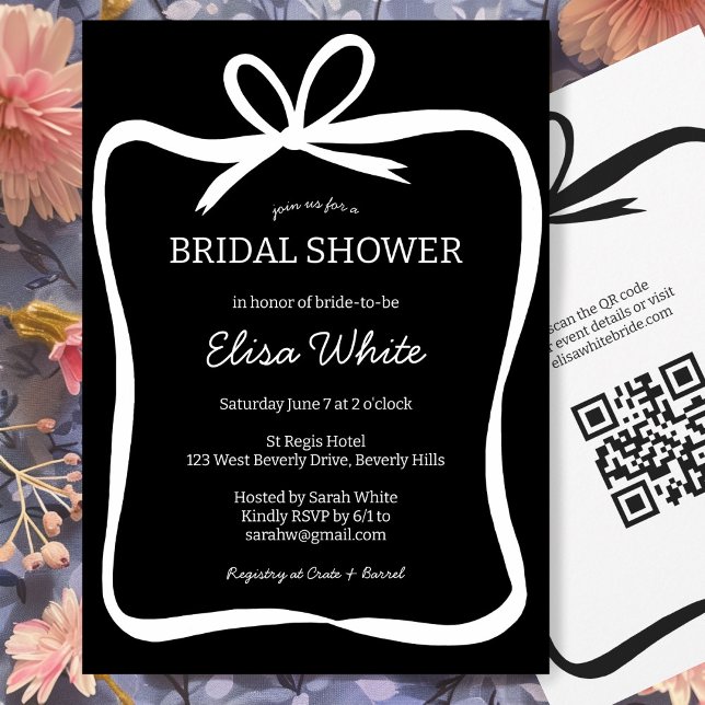 Invitación Código QR del PERSONALIZADO de ducha de novia con  (Bow Ribbon Frame Bridal Shower CUSTOM QR Code Invitation Black and White Elegant Minimal SImple)
