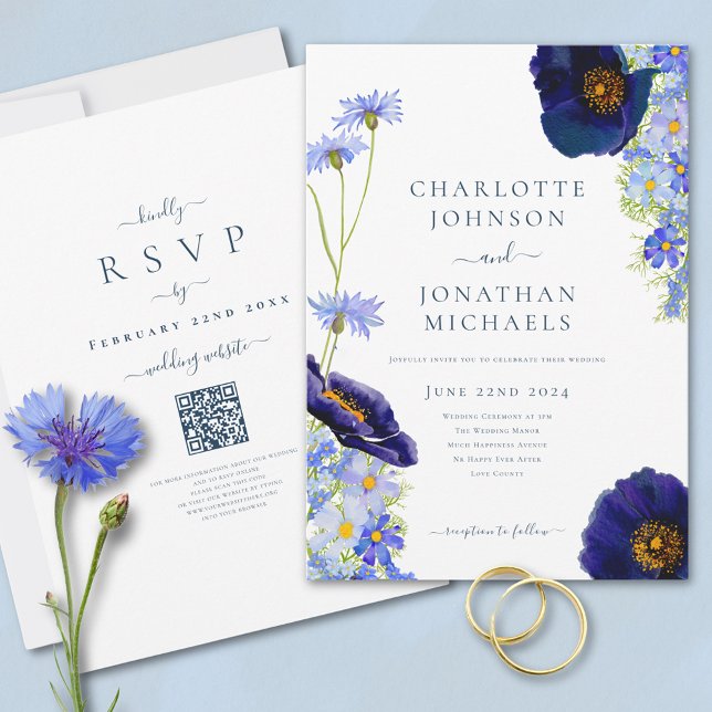 Invitación Código QR del sitio web de boda rústica Wildflower (Elegant wildflower watercolor summer floral blue wedding invitation with online rsvp QR code)